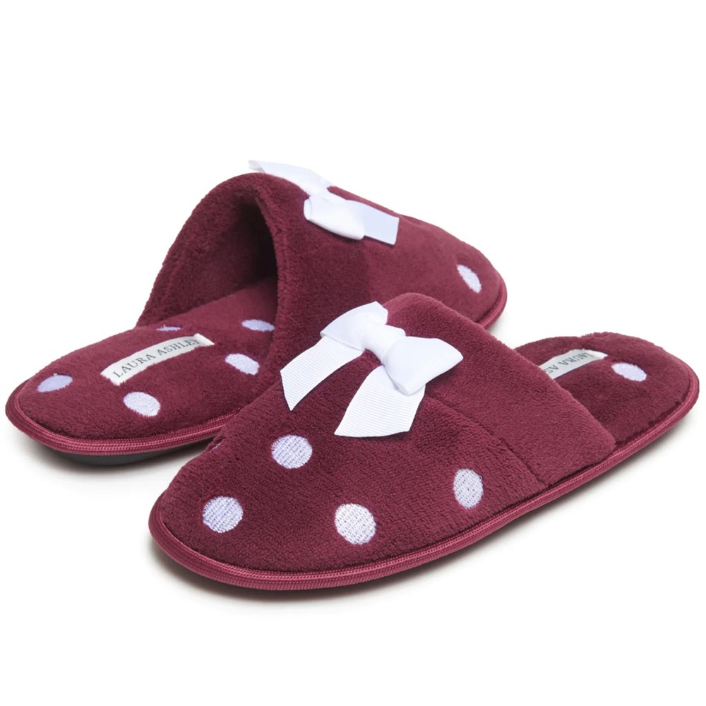 Laura Ashley Women's Embroidered Polka Dot Micro Terry Scuff Slippers with Bow